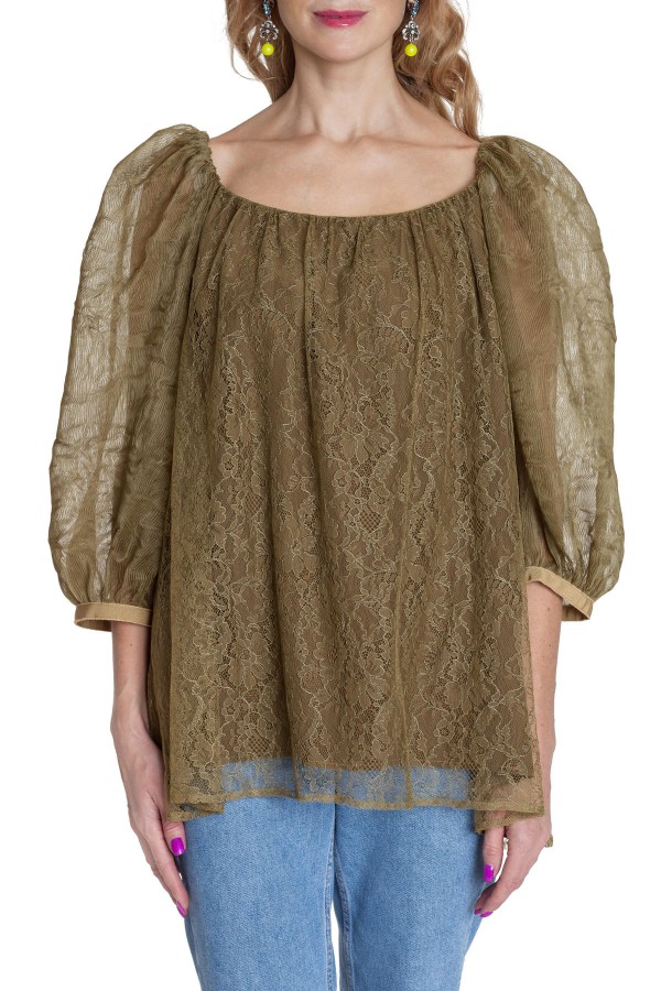 Блуза цвета оливы из кружева и шёлка